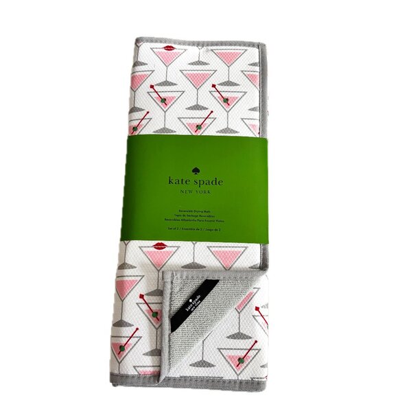 Kate Spade Set- 2 Reversible Dish Drying Mats Martini/Cosmos Theme Design NEW - Picture 1 of 3